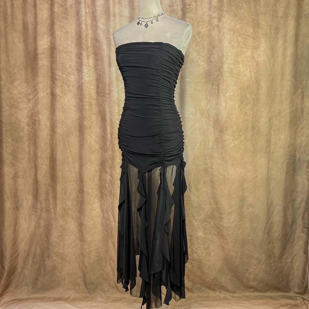 Vintage 90s Bodycon Ruched Party Dress Strapless Maxi Whimsigoth Euro Y2K Indie